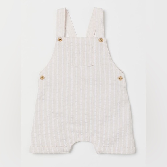 H&M Linen-blend Bib Overalls Cream Ivory striped 4/6m - Picture 1 of 8